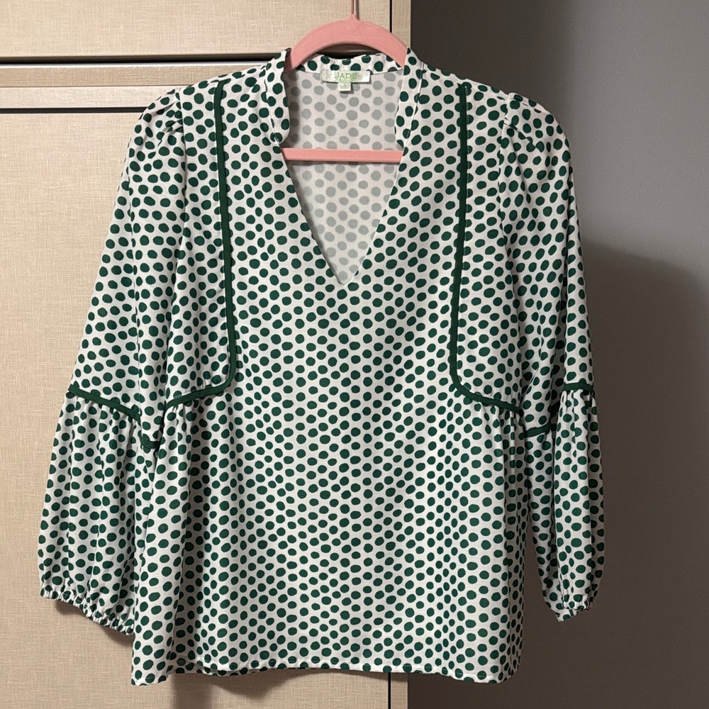 Jade by Melody Tam size S Green and White Polka Dot Blouse